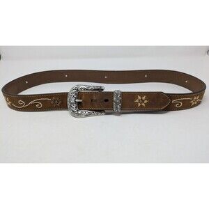 VTG Nocona Womens Leather Belt XL Western Studded Embroidered Rhinestone Buckle